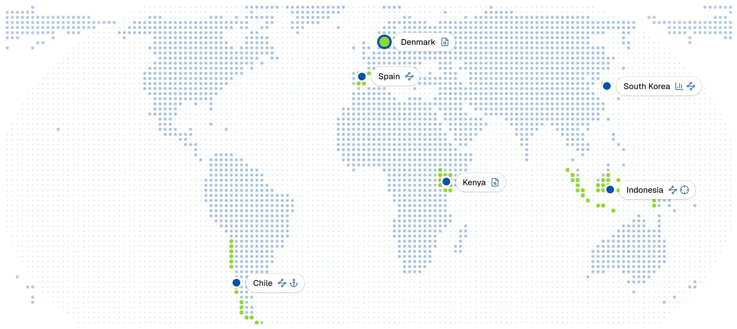 Dotted world map with our project countries highlighted
